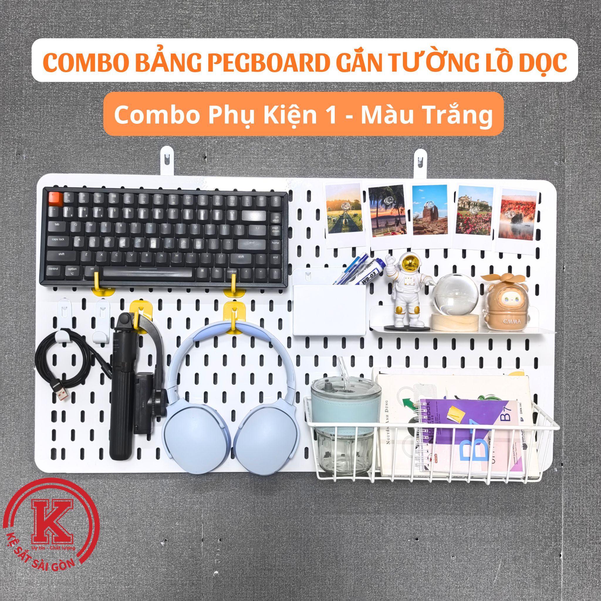 Combo bảng pegboard lỗ dọc kèm phụ kiện