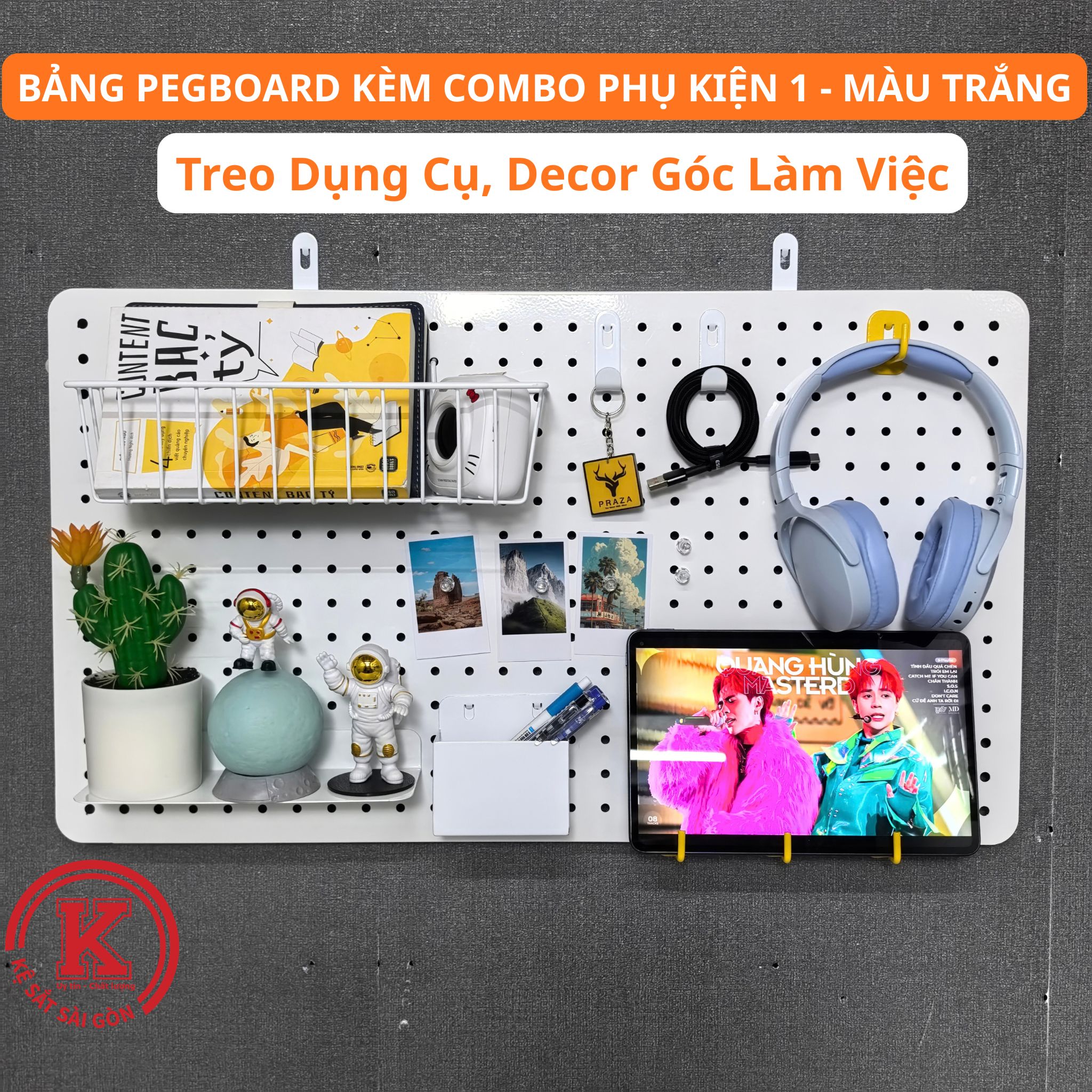 Combo Bảng Lỗ Pegboard Kèm Phụ Kiện Treo Tường Trưng Bày, Dùng Cho Trang Trí Nhà Cửa