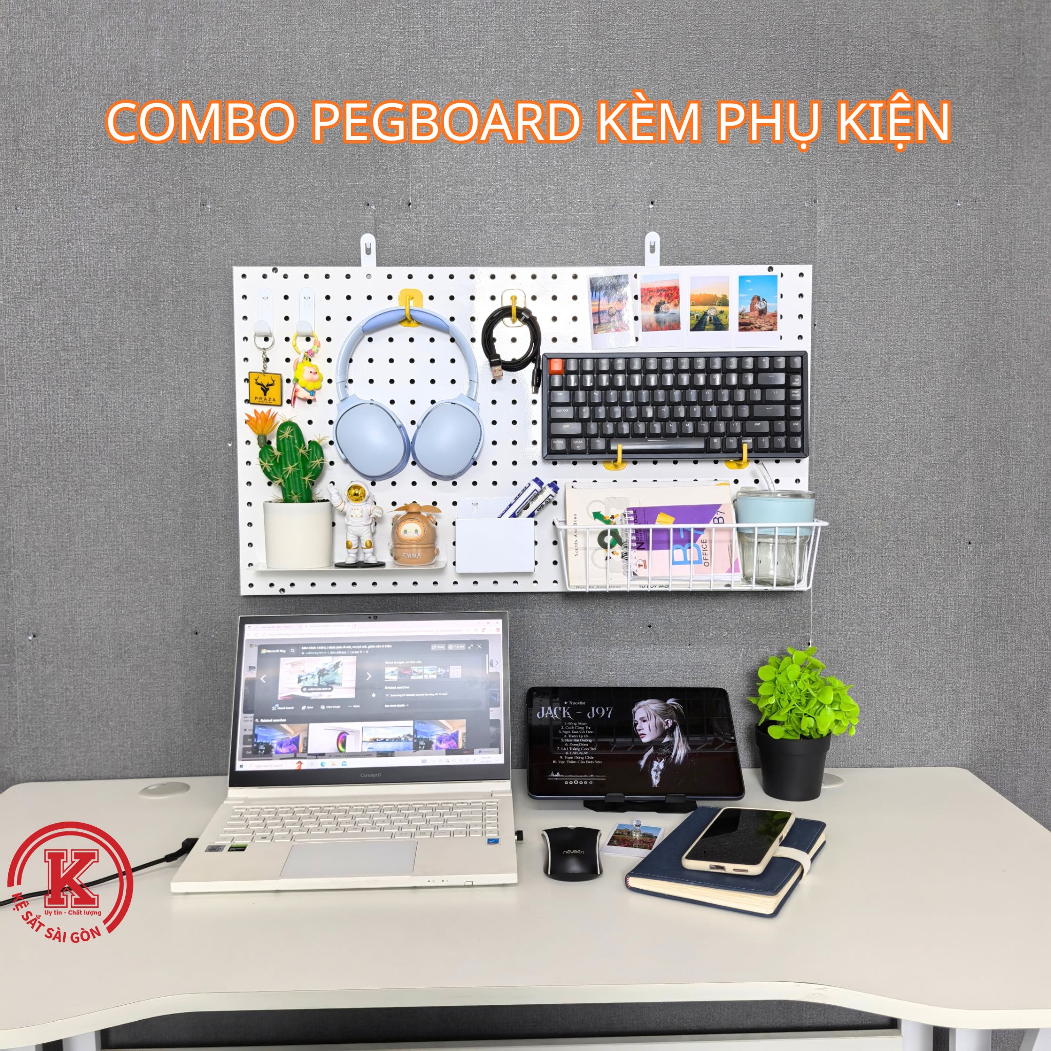 COMBO BẢNG PEGBOARD KIM LOẠI GẮN TƯỜNG KÈM PHỤ KIỆN