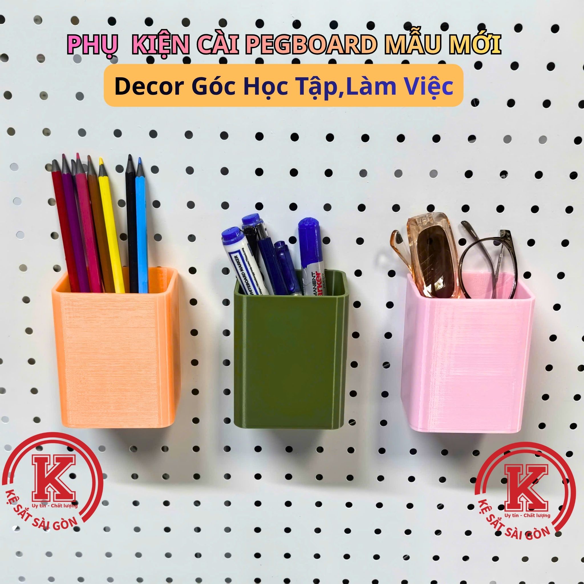 Phụ Kiện Pegboard Hộp Nhựa Chữ Nhật Cao-Cốc Cắm Bút, Đồ Dùng Học Tập Decor Bàn Làm Việc