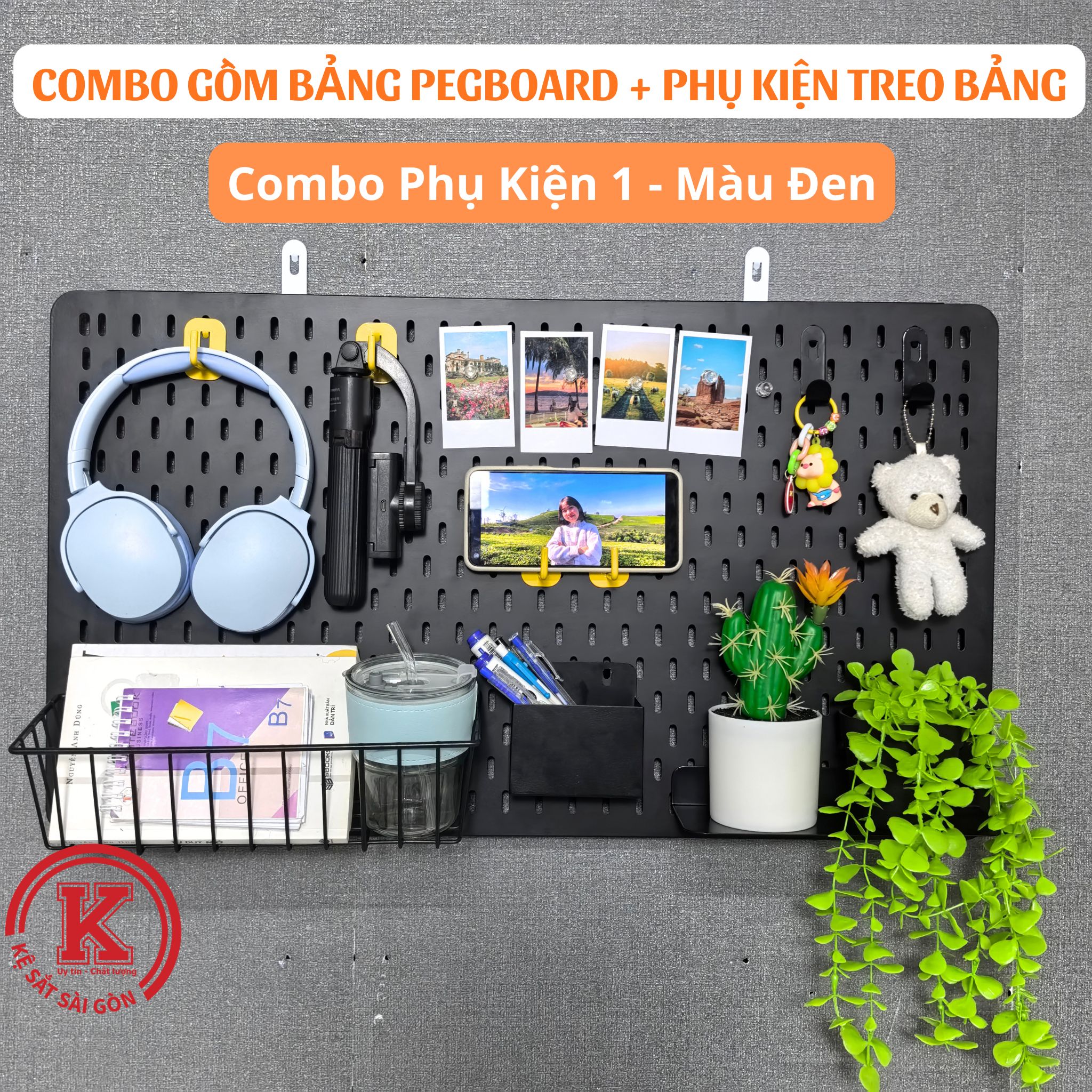 Combo bảng pegboard lỗ dọc kèm phụ kiện