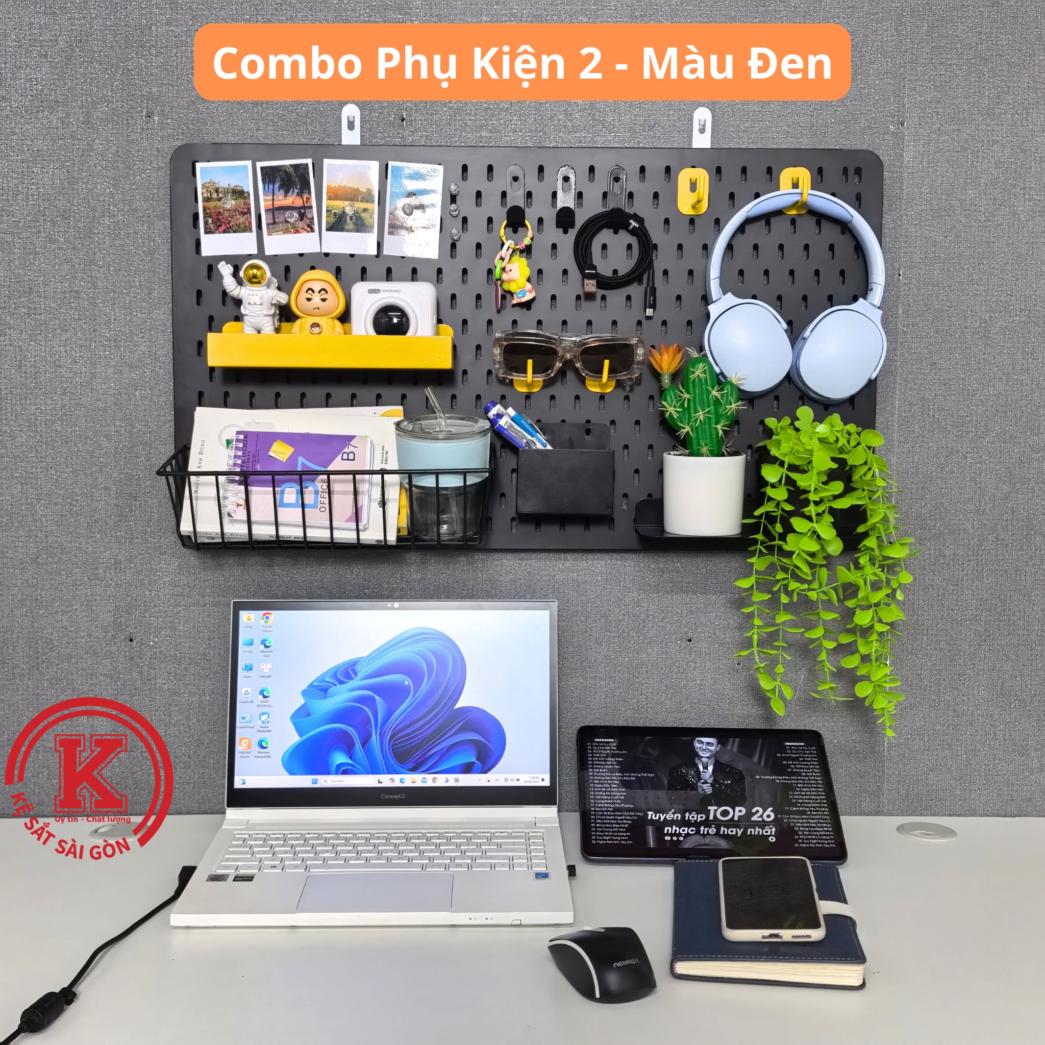 Combo Bảng Pegboard Lỗ Dọc Gắn Tường Kèm Phụ Kiện Decor