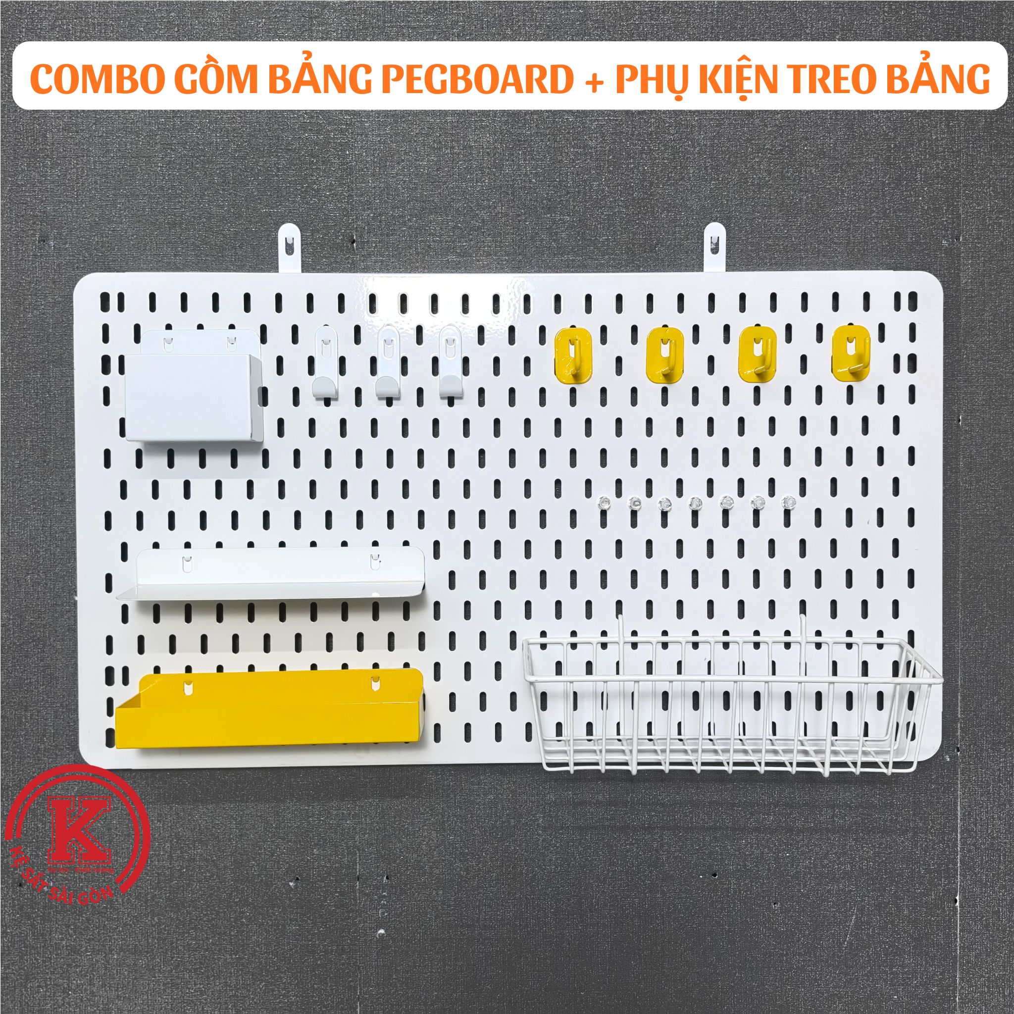 Combo bảng pegboard lỗ dọc kèm phụ kiện