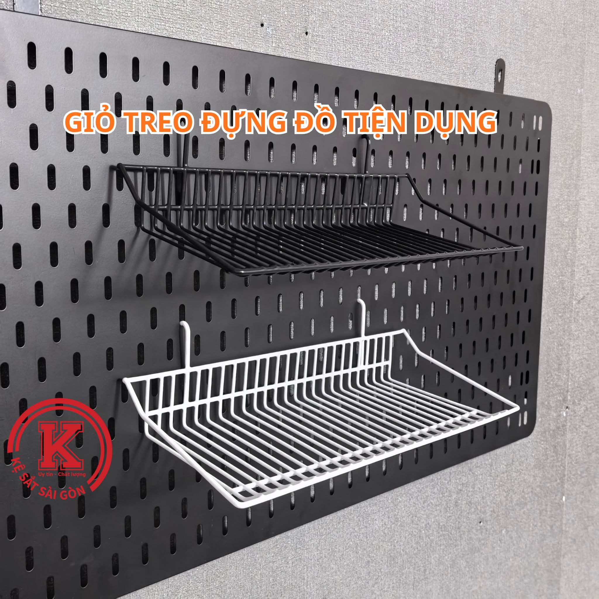 Giỏ cài khung lưới và pegboard lỗ dọc